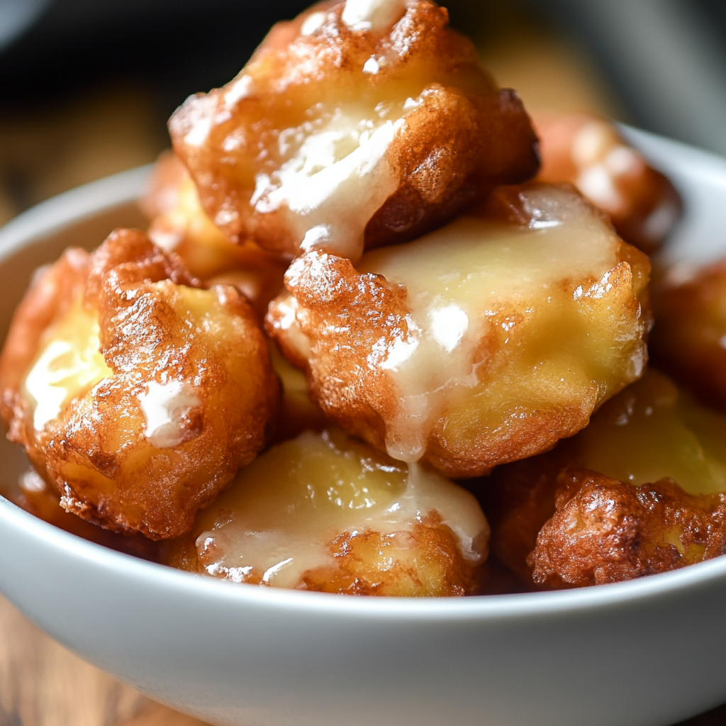 Freshly baked apple fritters on a rustic wooden plate.